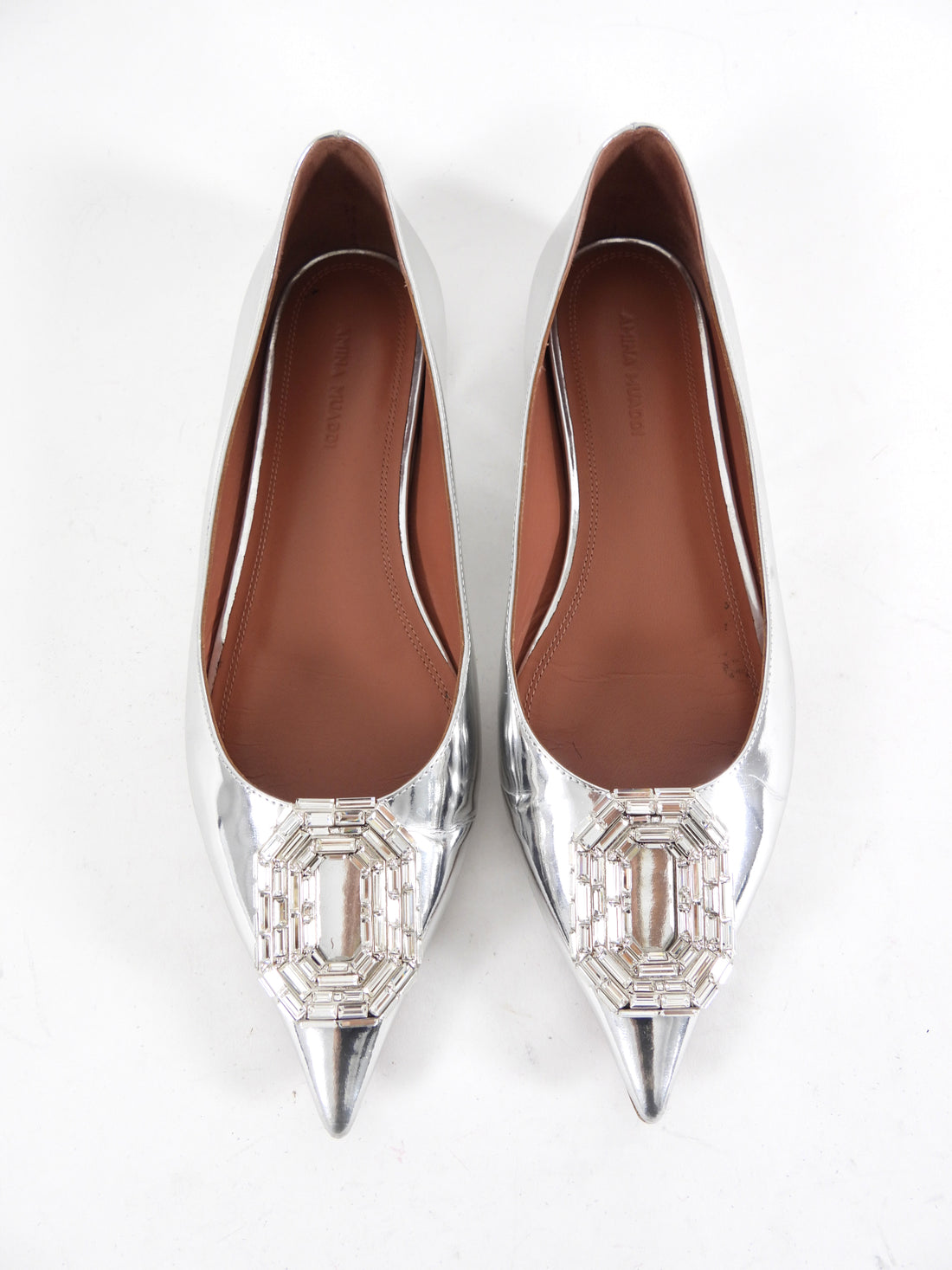 Amina Muaddi Silver Metallic Leather Crystal Embellished Ballet Flats - 8.5