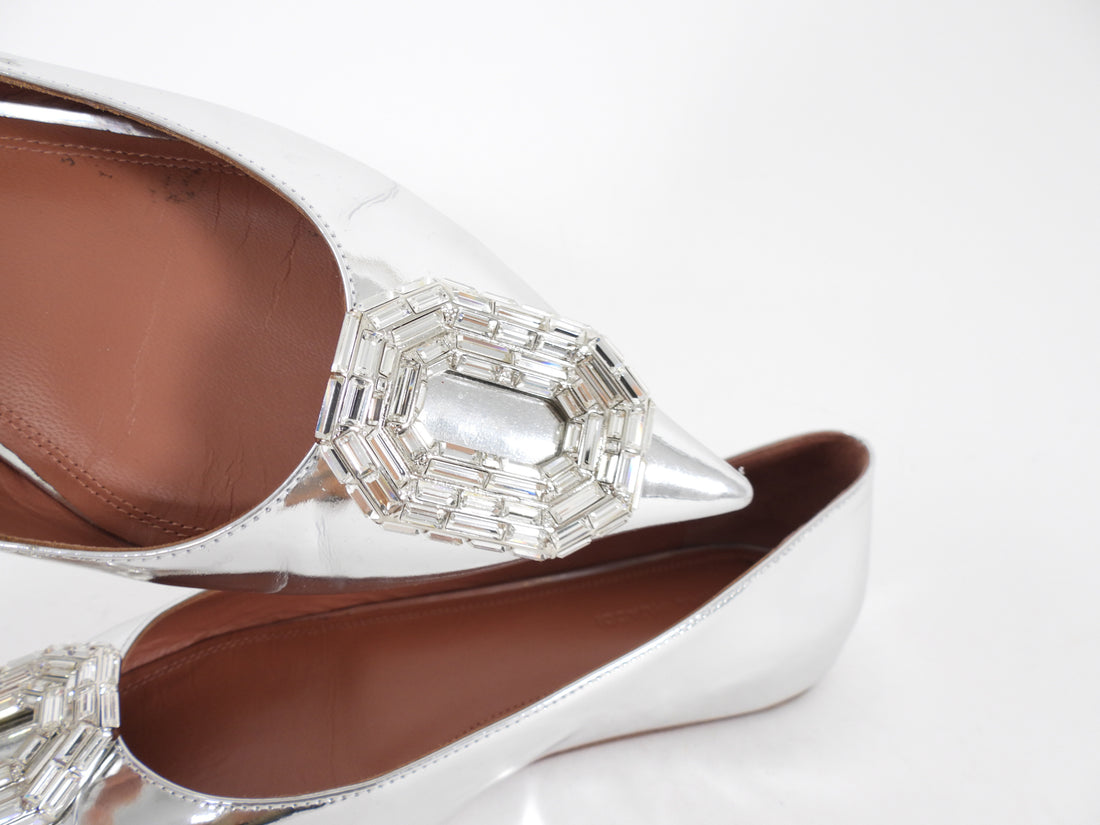 Amina Muaddi Silver Metallic Leather Crystal Embellished Ballet Flats - 8.5