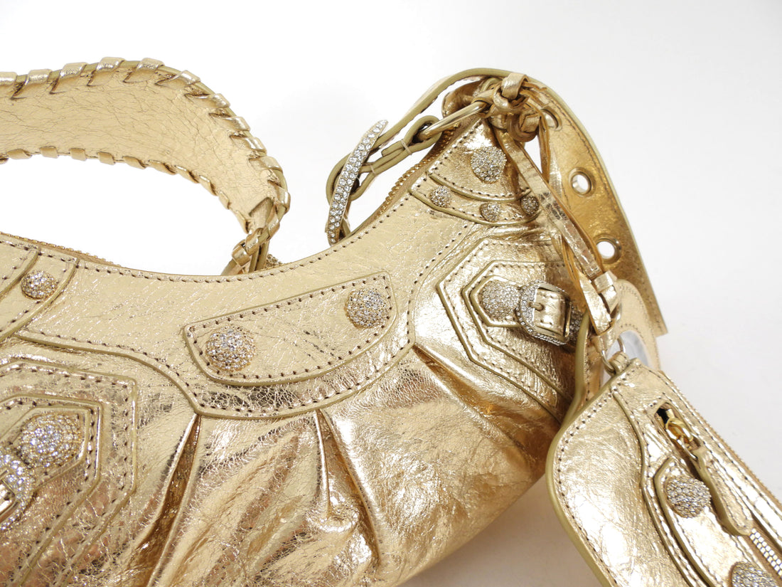 Balenciaga Cagole Gold Metallic Leather Giant Studs Strass Crystal Bag