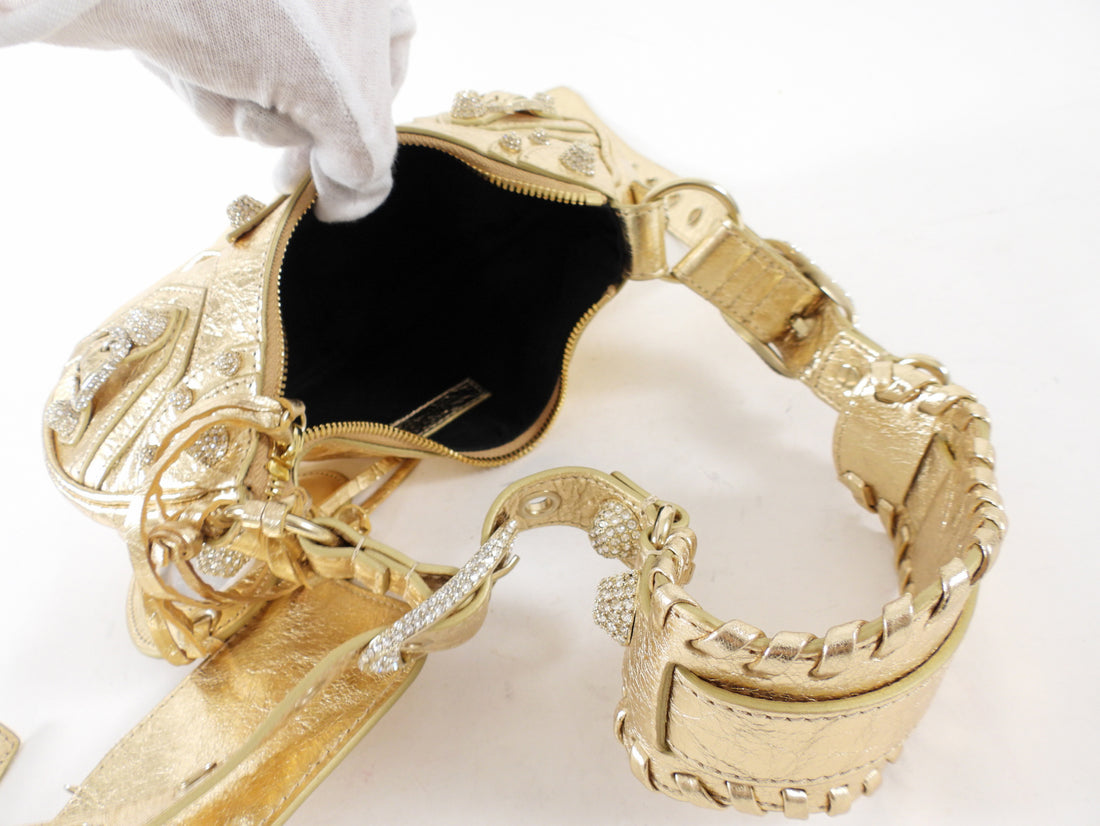 Balenciaga Cagole Gold Metallic Leather Giant Studs Strass Crystal Bag