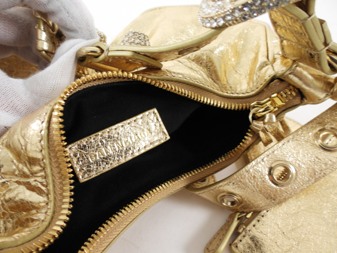 Balenciaga Cagole Gold Metallic Leather Giant Studs Strass Crystal Bag