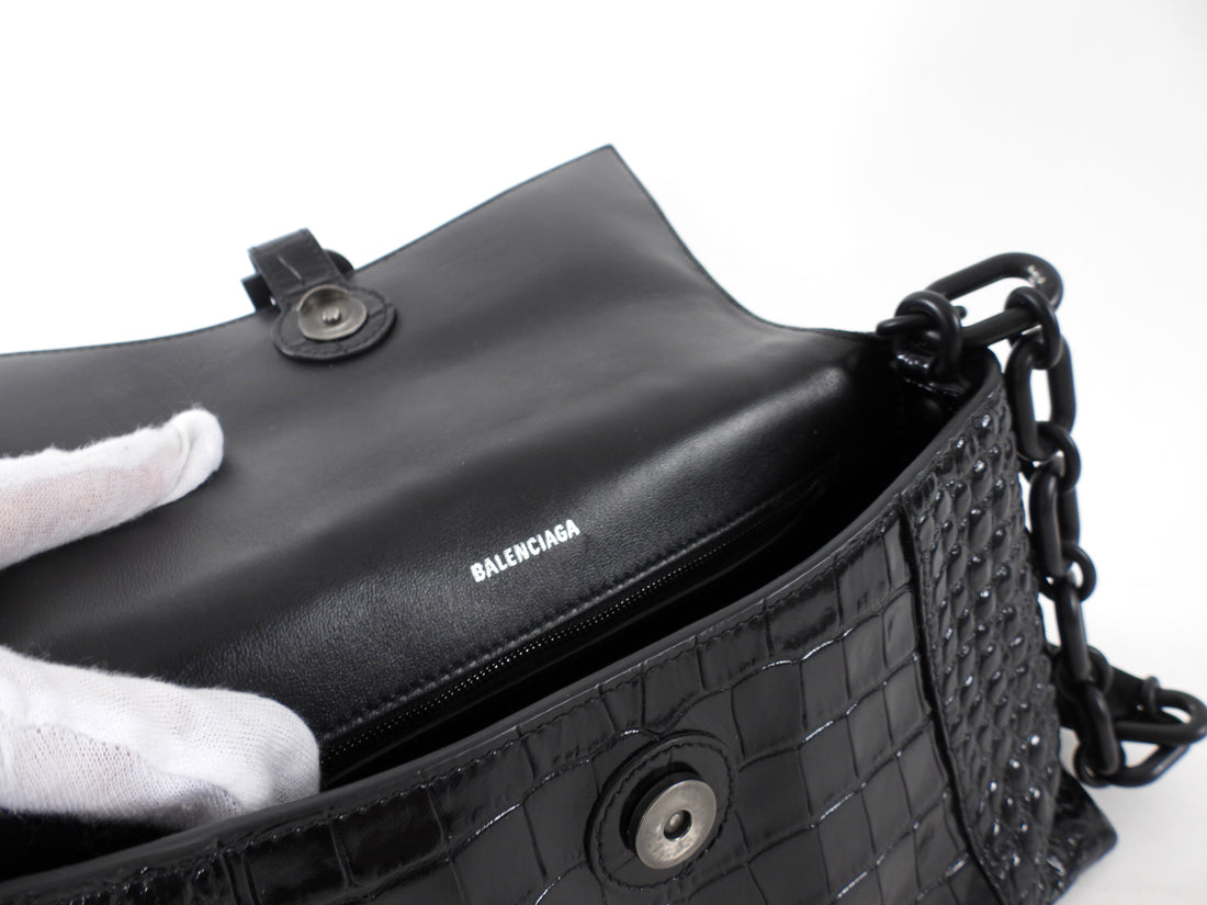 Balenciaga Black Croc Emboss Downtown Small Chain Hourglass Shoulder Bag