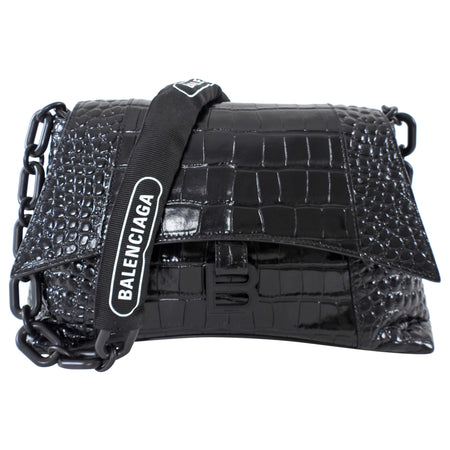 Balenciaga Black Croc Emboss Downtown Small Chain Hourglass Shoulder Bag
