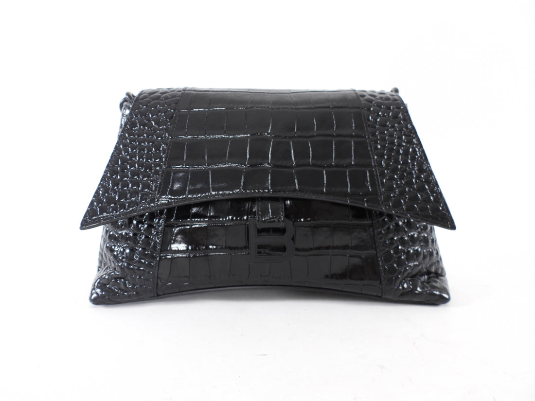 Balenciaga Black Croc Emboss Downtown Small Chain Hourglass Shoulder Bag