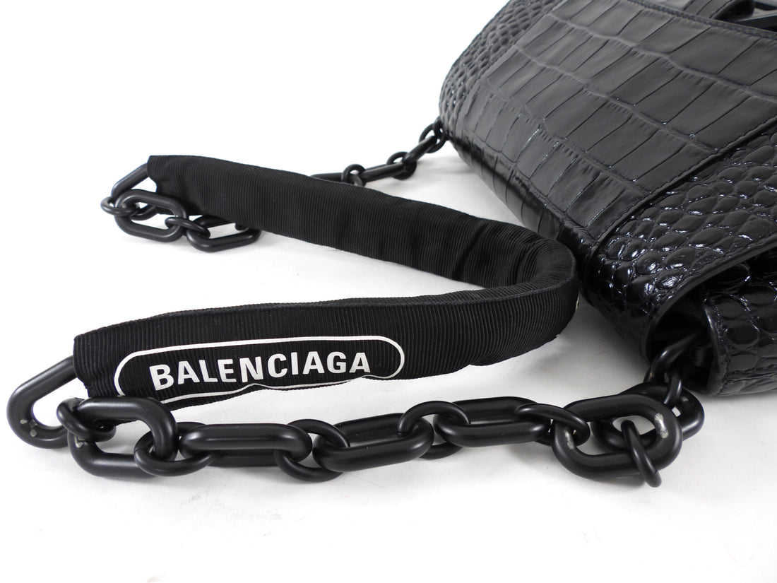 Balenciaga Black Croc Emboss Downtown Small Chain Hourglass Shoulder Bag