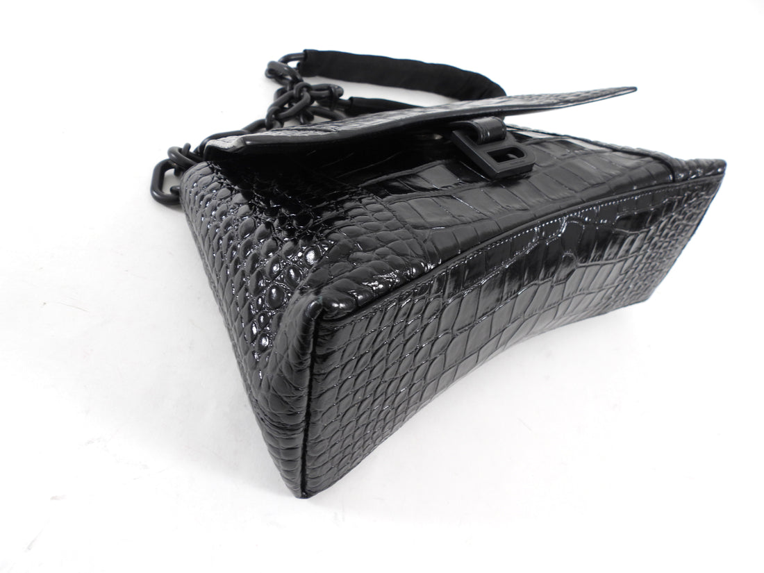 Balenciaga Black Croc Emboss Downtown Small Chain Hourglass Shoulder Bag