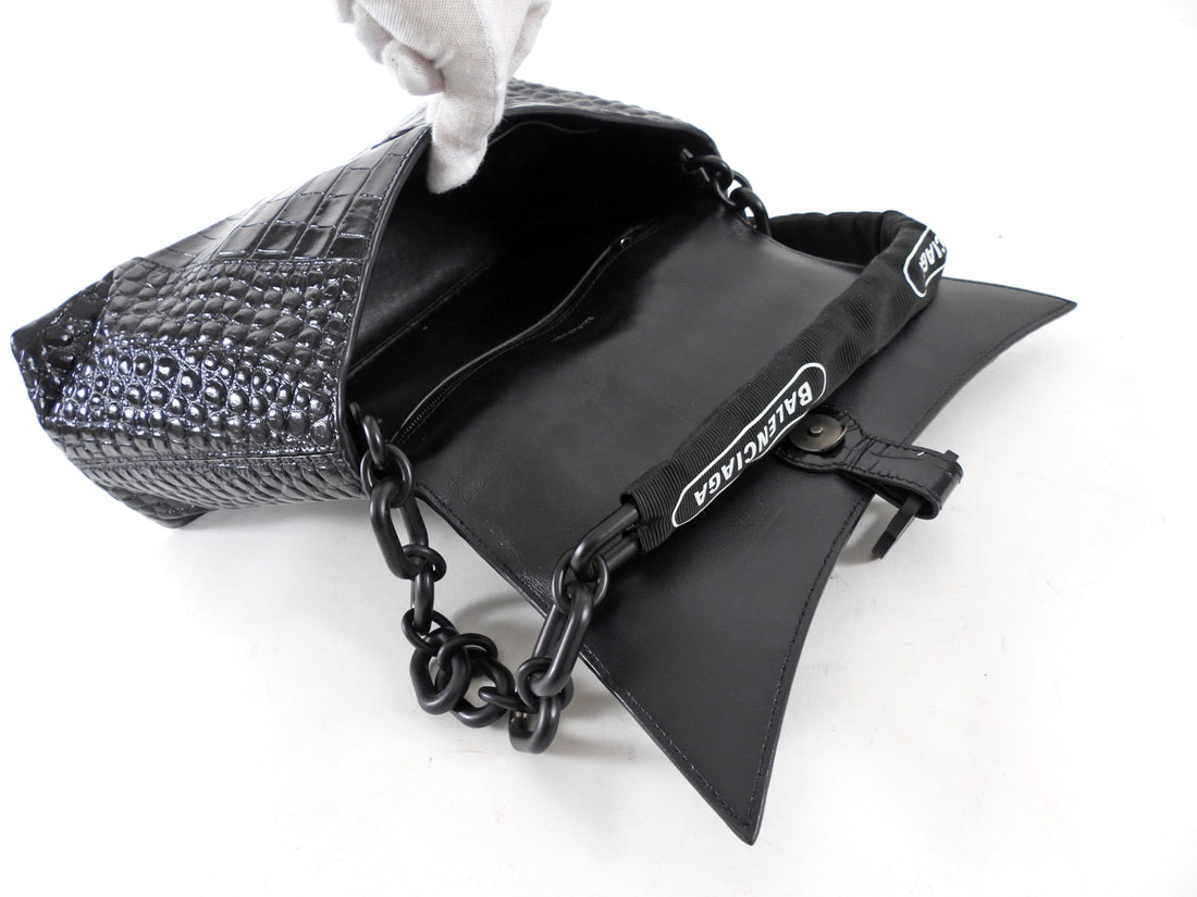 Balenciaga Black Croc Emboss Downtown Small Chain Hourglass Shoulder Bag