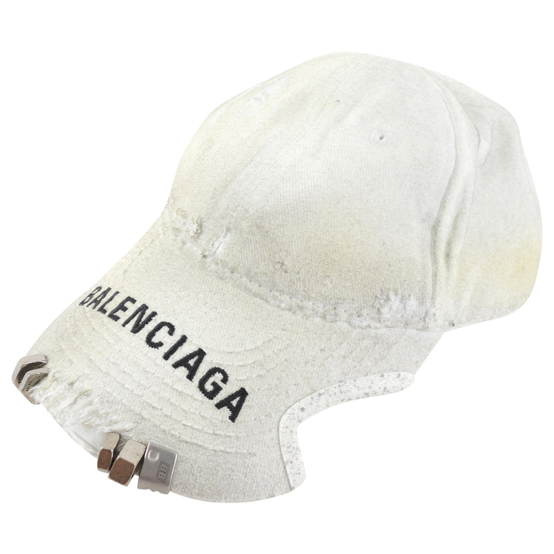 Balenciaga White Distress Notch Nut Baseball Cap Hat