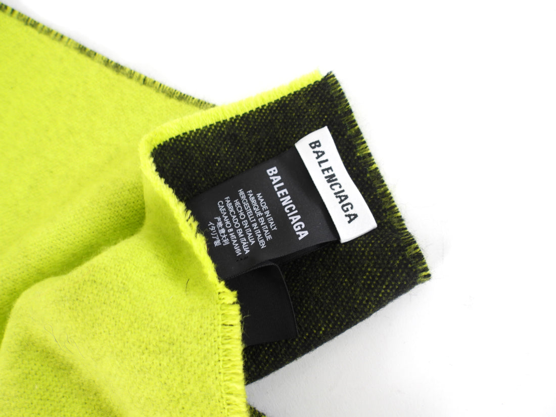 Balenciaga Black and Lime Green Logo Wool Shawl Scarf