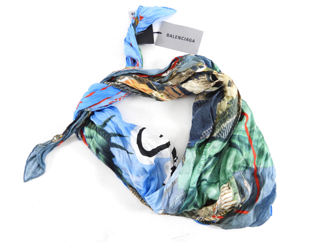 Balenciaga I Love New York blue Green Silk Wrinkle Scarf