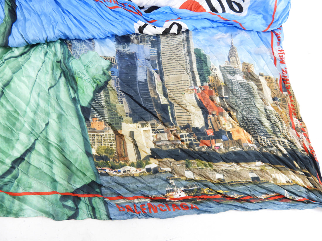 Balenciaga I Love New York blue Green Silk Wrinkle Scarf
