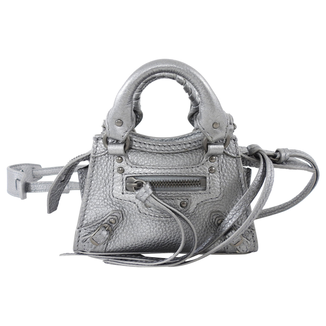 Balenciaga Silver Pewter Leather Super Nano Neo Classic City Bag