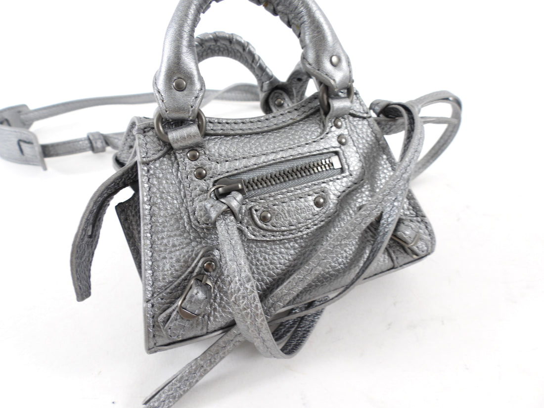 Balenciaga Silver Pewter Leather Super Nano Neo Classic City Bag