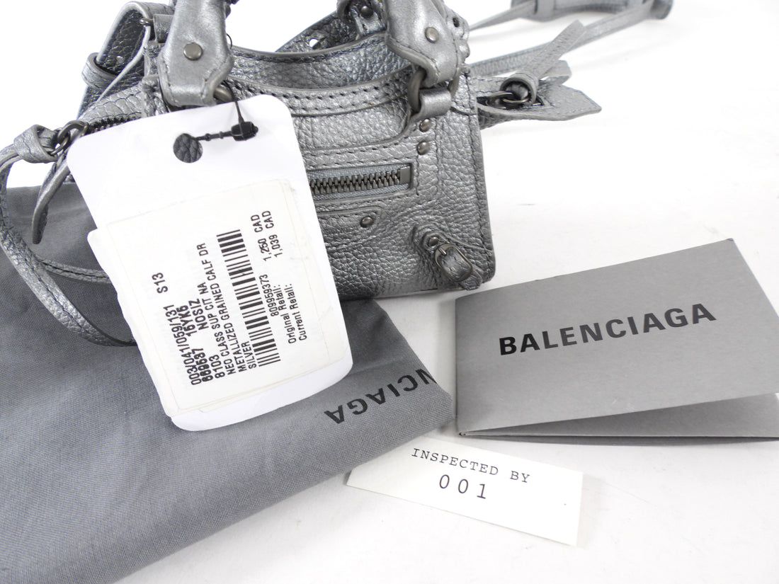 Balenciaga Silver Pewter Leather Super Nano Neo Classic City Bag