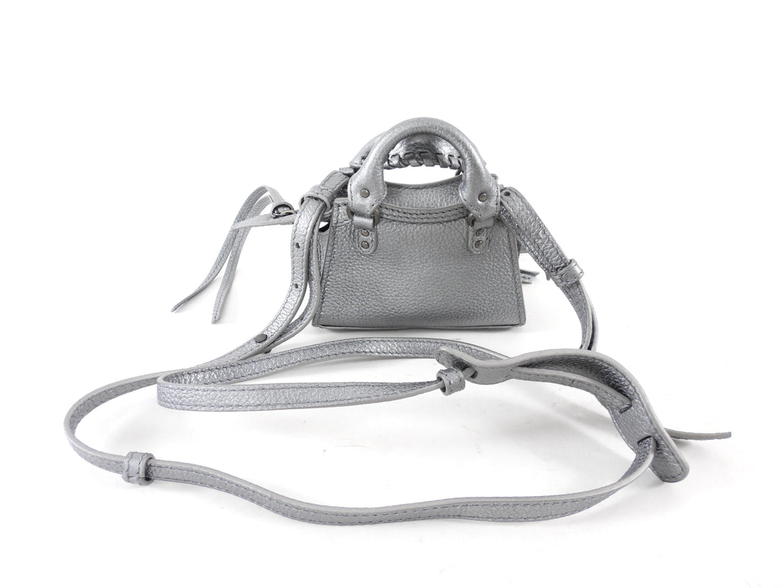 Balenciaga Silver Pewter Leather Super Nano Neo Classic City Bag