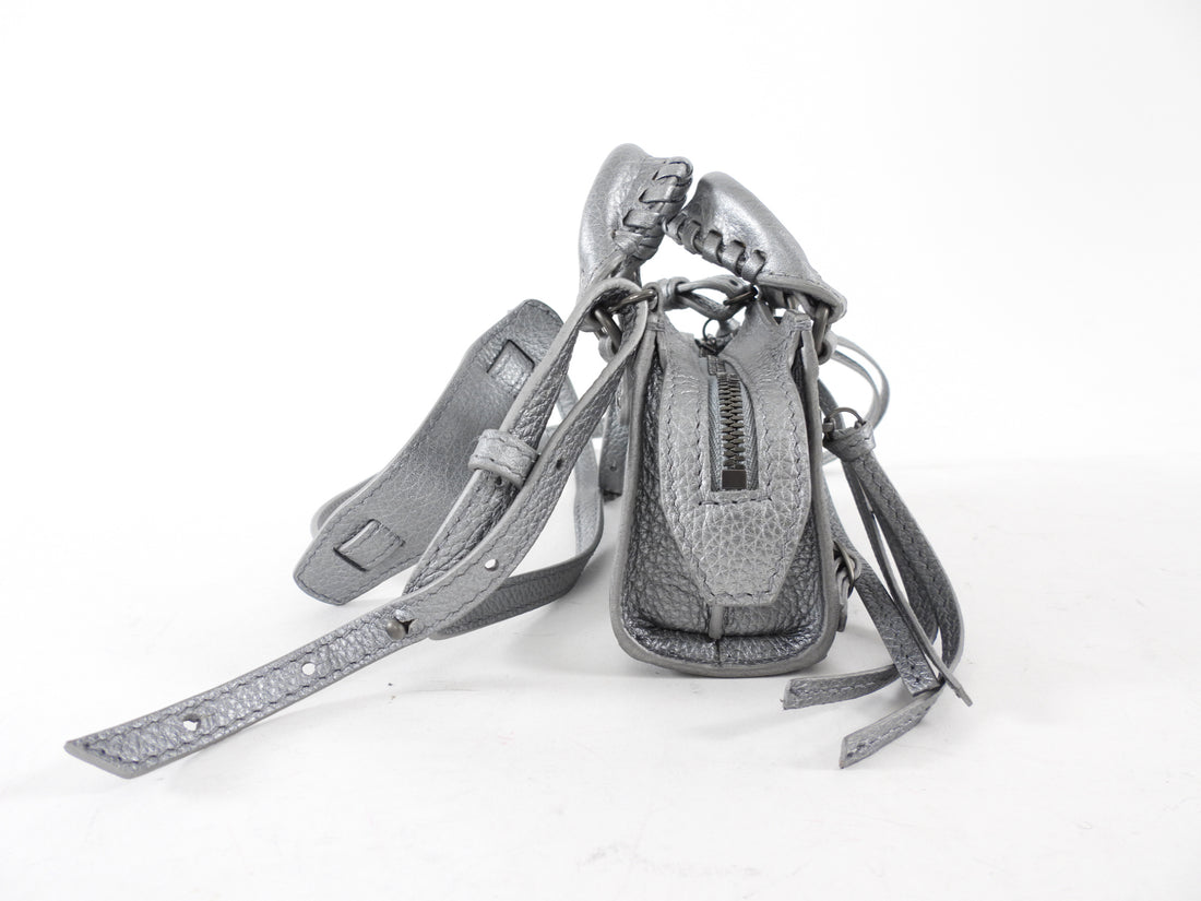 Balenciaga Silver Pewter Leather Super Nano Neo Classic City Bag