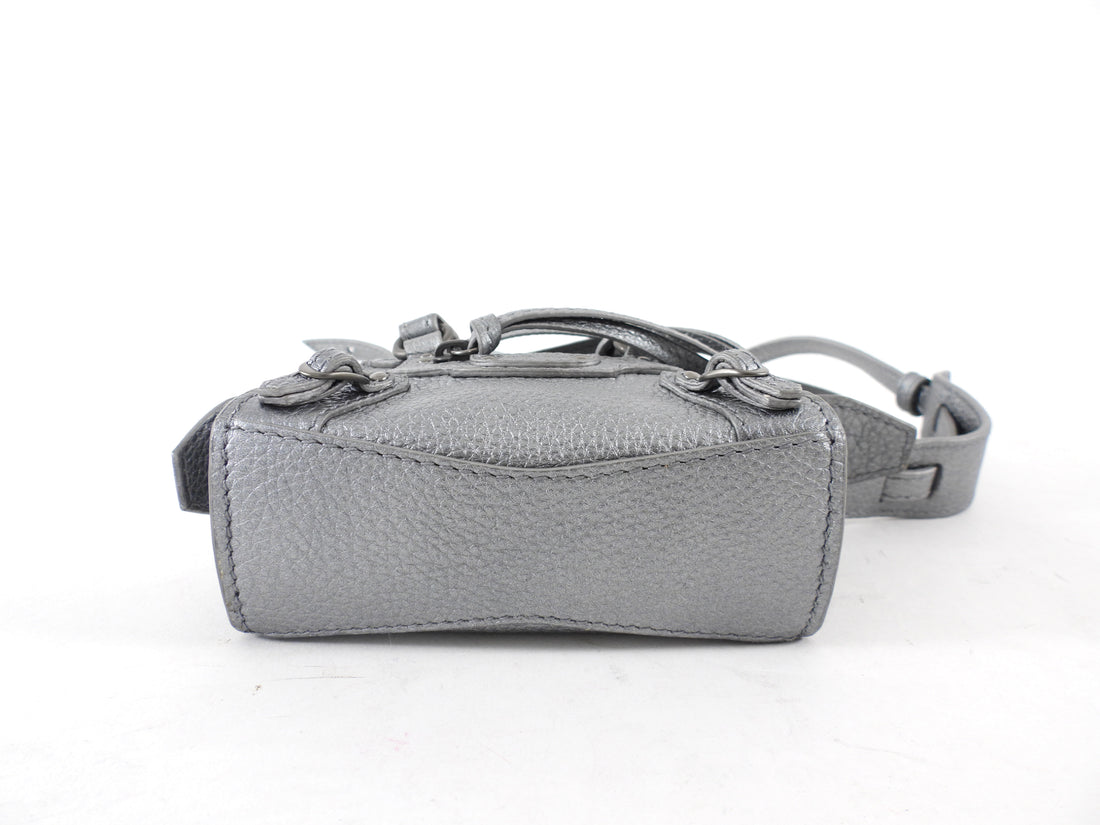 Balenciaga Silver Pewter Leather Super Nano Neo Classic City Bag