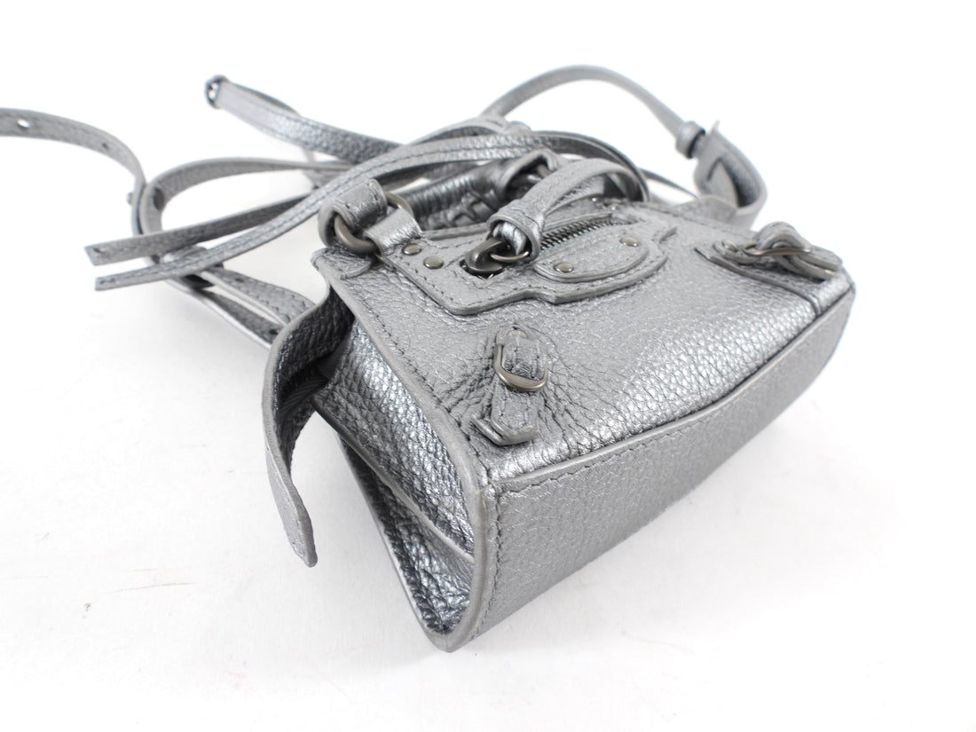 Balenciaga Silver Pewter Leather Super Nano Neo Classic City Bag