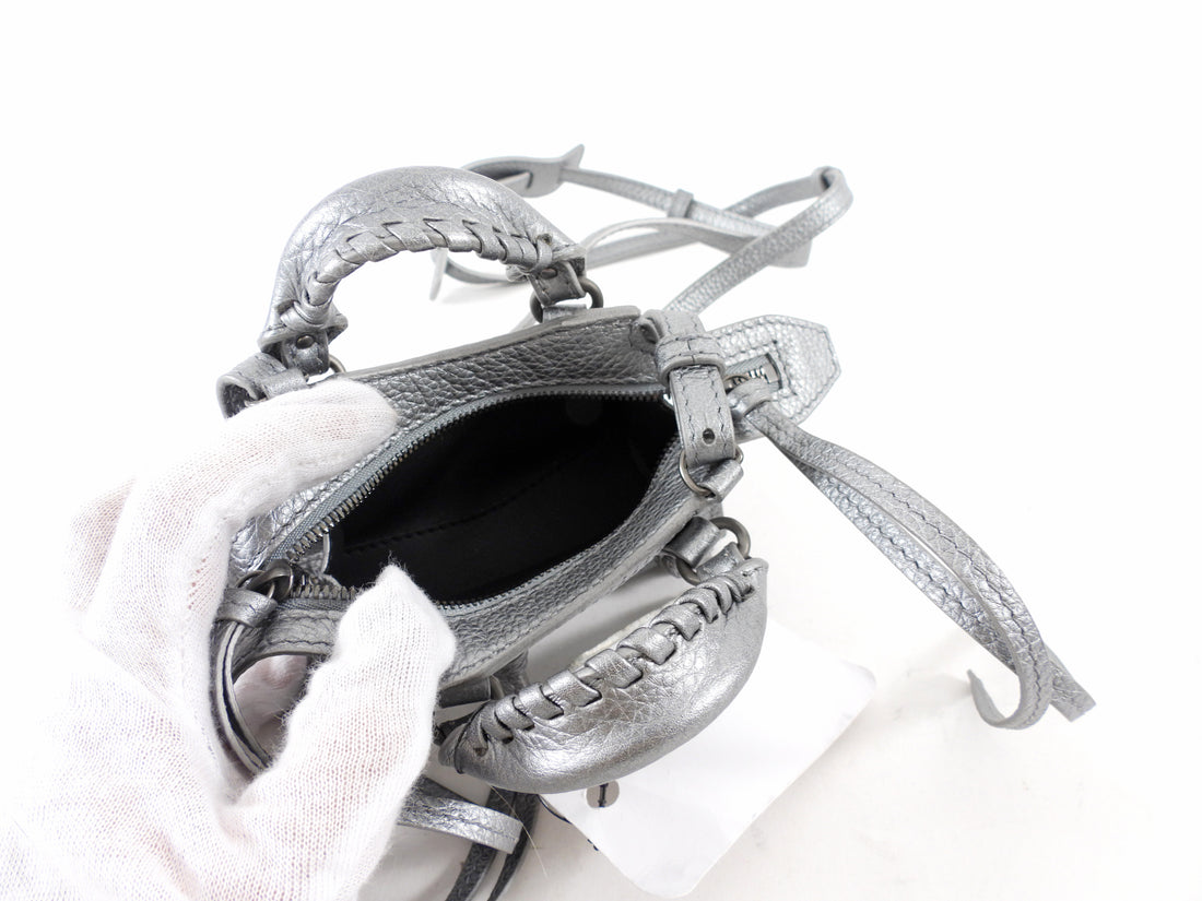 Balenciaga Silver Pewter Leather Super Nano Neo Classic City Bag