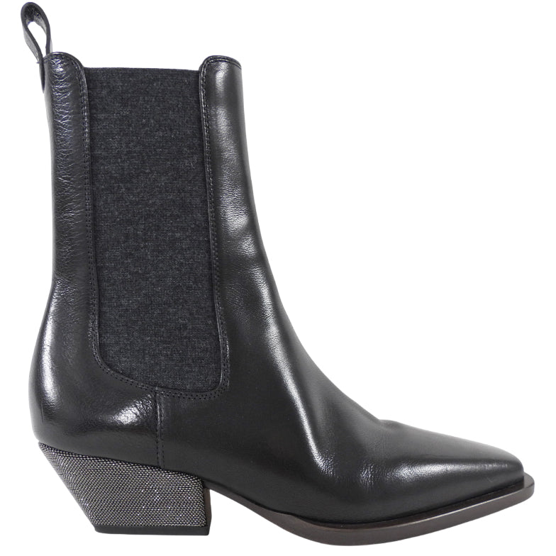 Brunello Cucinelli Black Leather Chelsea Boots with Monili Heel - 36.5 / USA 7
