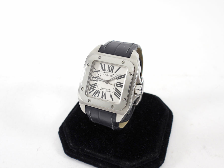 Cartier Santos 100 Stainless Steel Alligator Band Automatic Watch 2878
