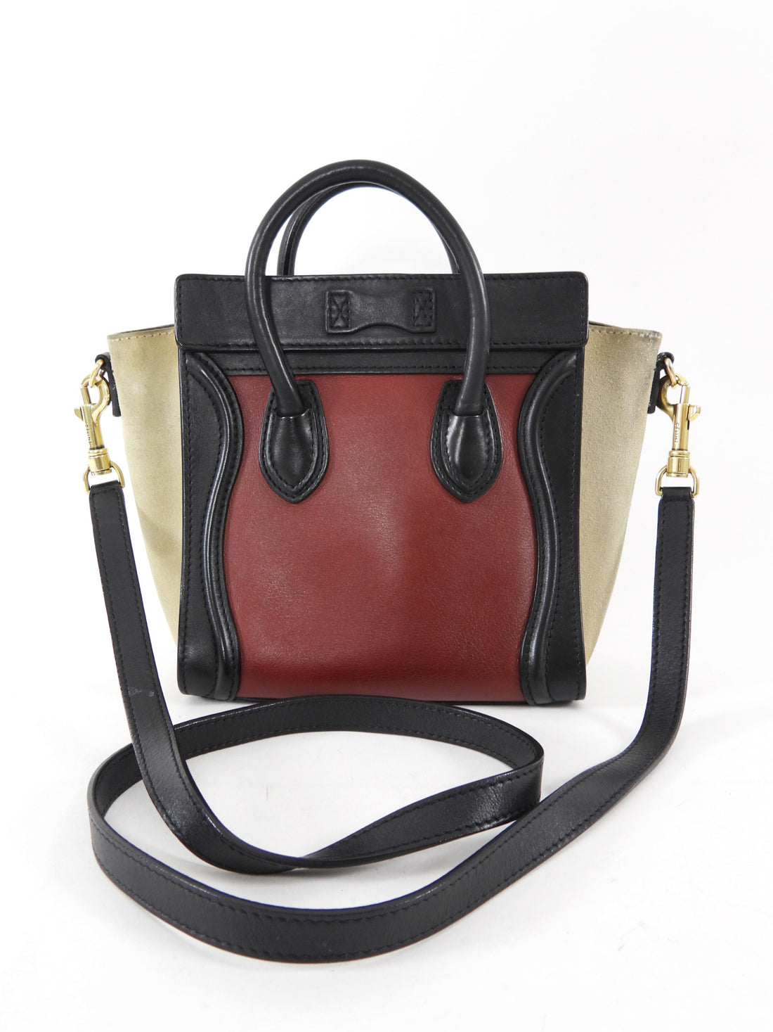 Celine Tricolour Burgundy Black Taupe Leather Nano Luggage Tote Bag