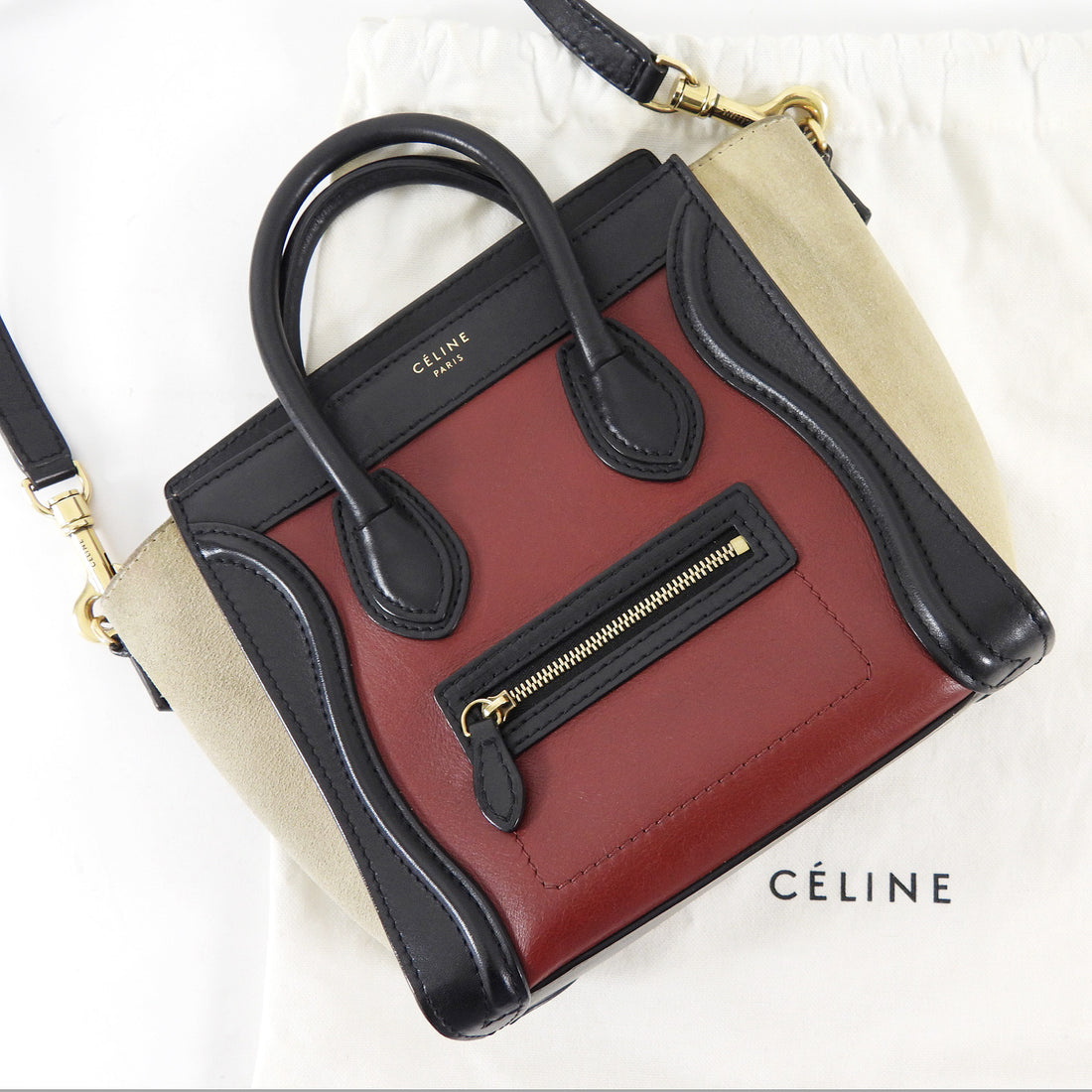 Celine Tricolour Burgundy Black Taupe Leather Nano Luggage Tote Bag