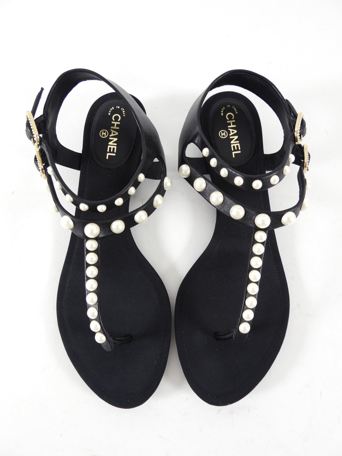 Chanel SS16 Black Grosgrain Faux Pearl Thong Flat Sandal - 37.5
