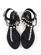 Chanel SS16 Black Grosgrain Faux Pearl Thong Flat Sandal - 37.5