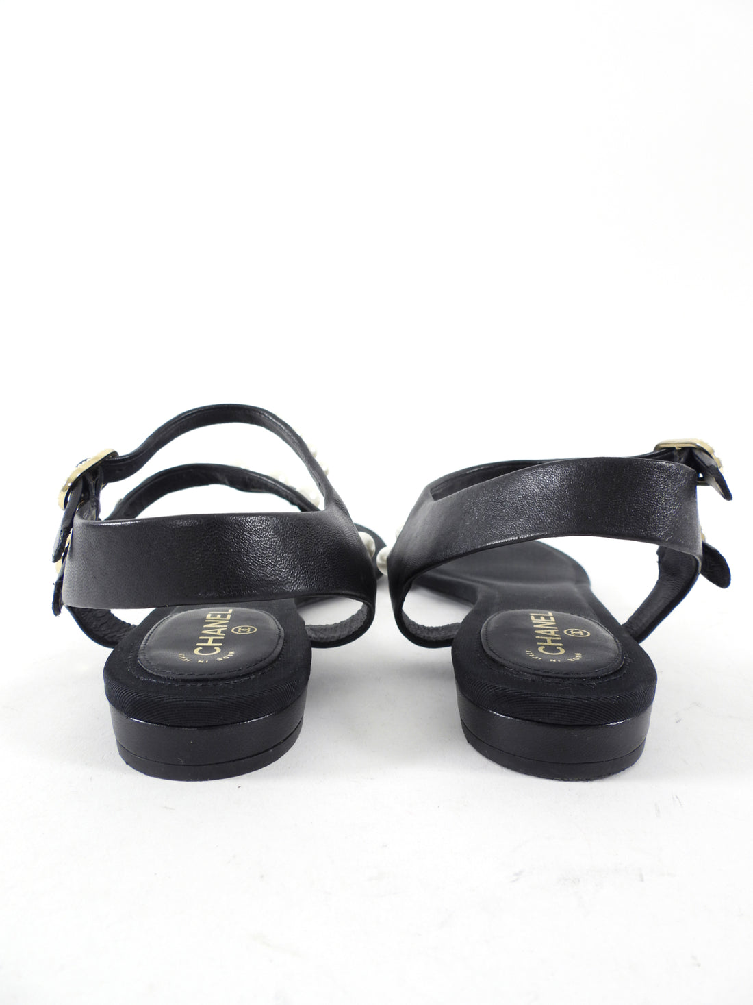 Chanel SS16 Black Grosgrain Faux Pearl Thong Flat Sandal - 37.5