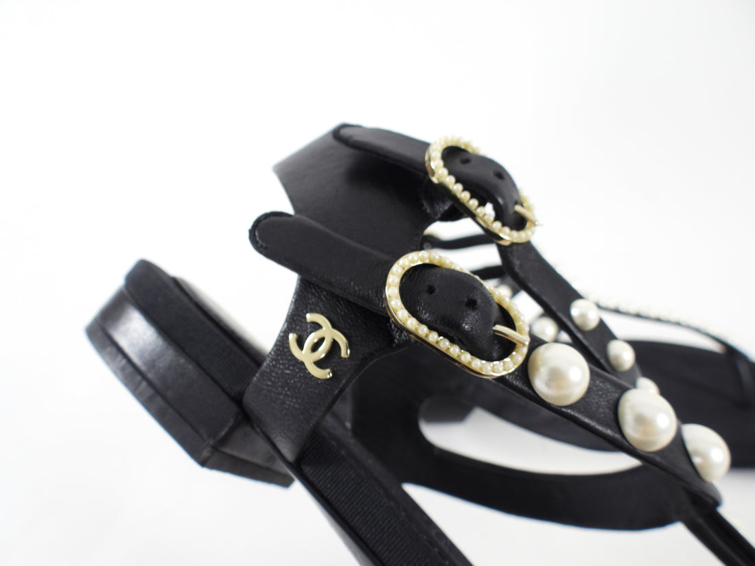 Chanel SS16 Black Grosgrain Faux Pearl Thong Flat Sandal - 37.5