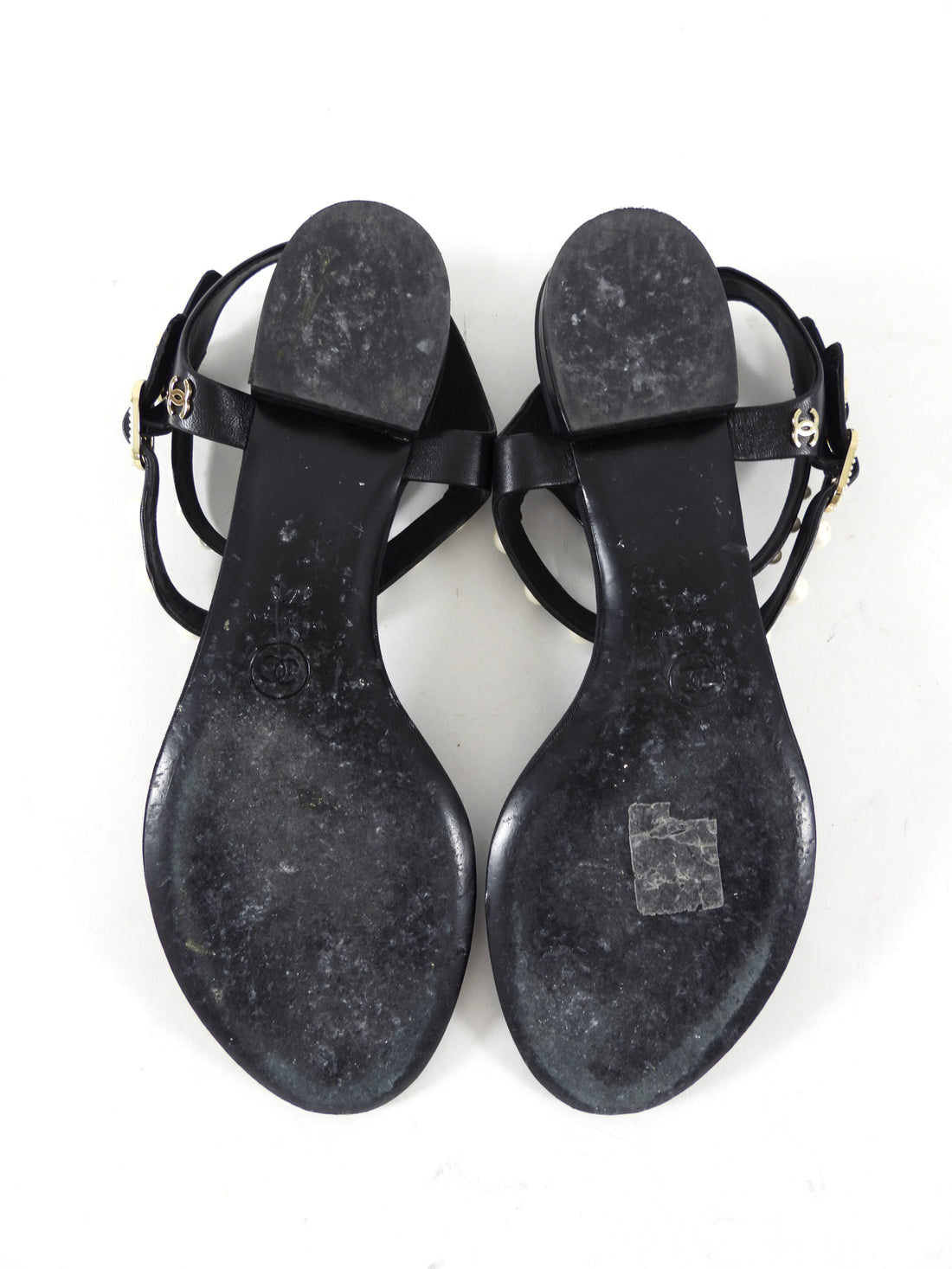 Chanel SS16 Black Grosgrain Faux Pearl Thong Flat Sandal - 37.5