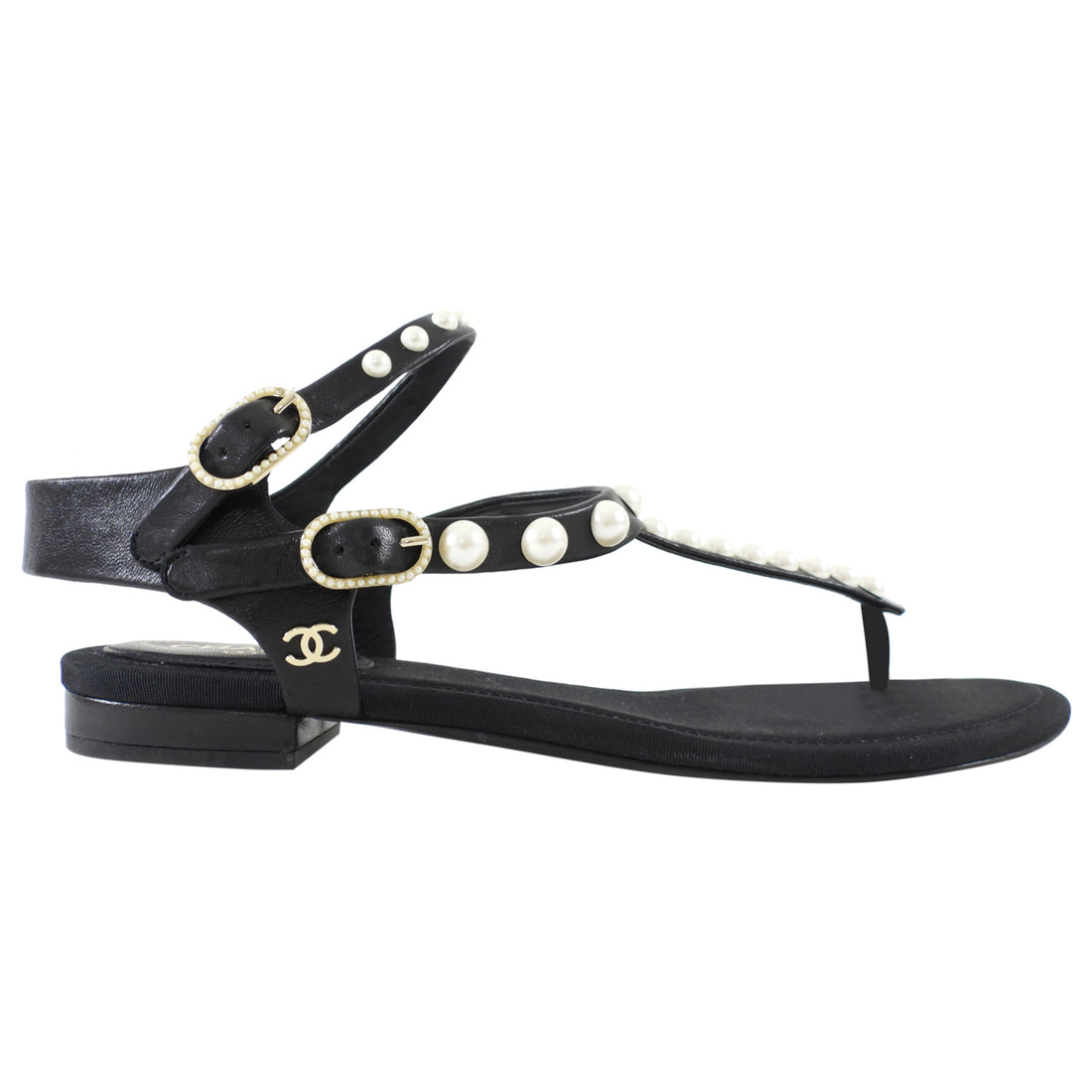 Chanel SS16 Black Grosgrain Faux Pearl Thong Flat Sandal - 37.5