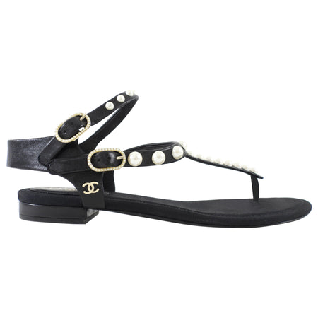 Chanel SS16 Black Grosgrain Faux Pearl Thong Flat Sandal - 37.5