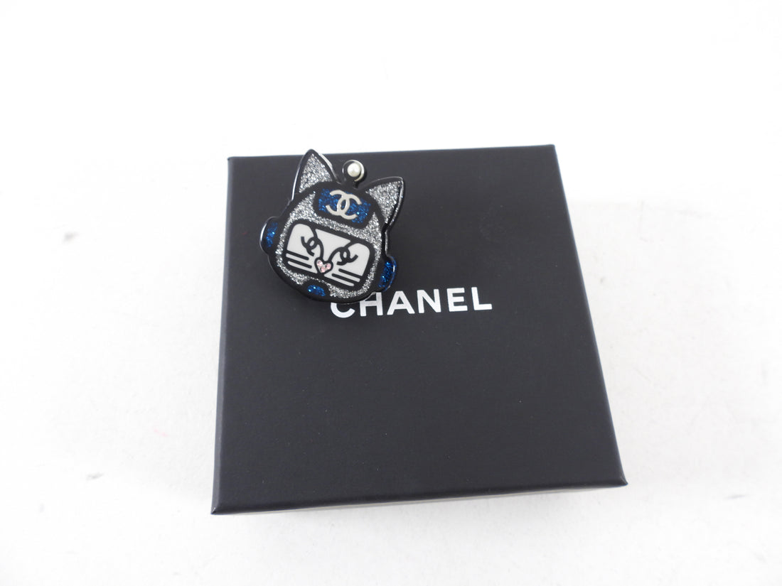 Chanel 17S Blue and Silver Resin Space Cat Brooch / Pin