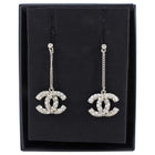 Chanel Sivertone Strass CC Drop Earrings