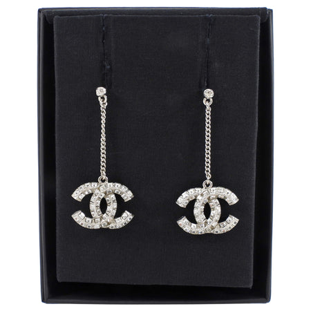 Chanel Sivertone Strass CC Drop Earrings