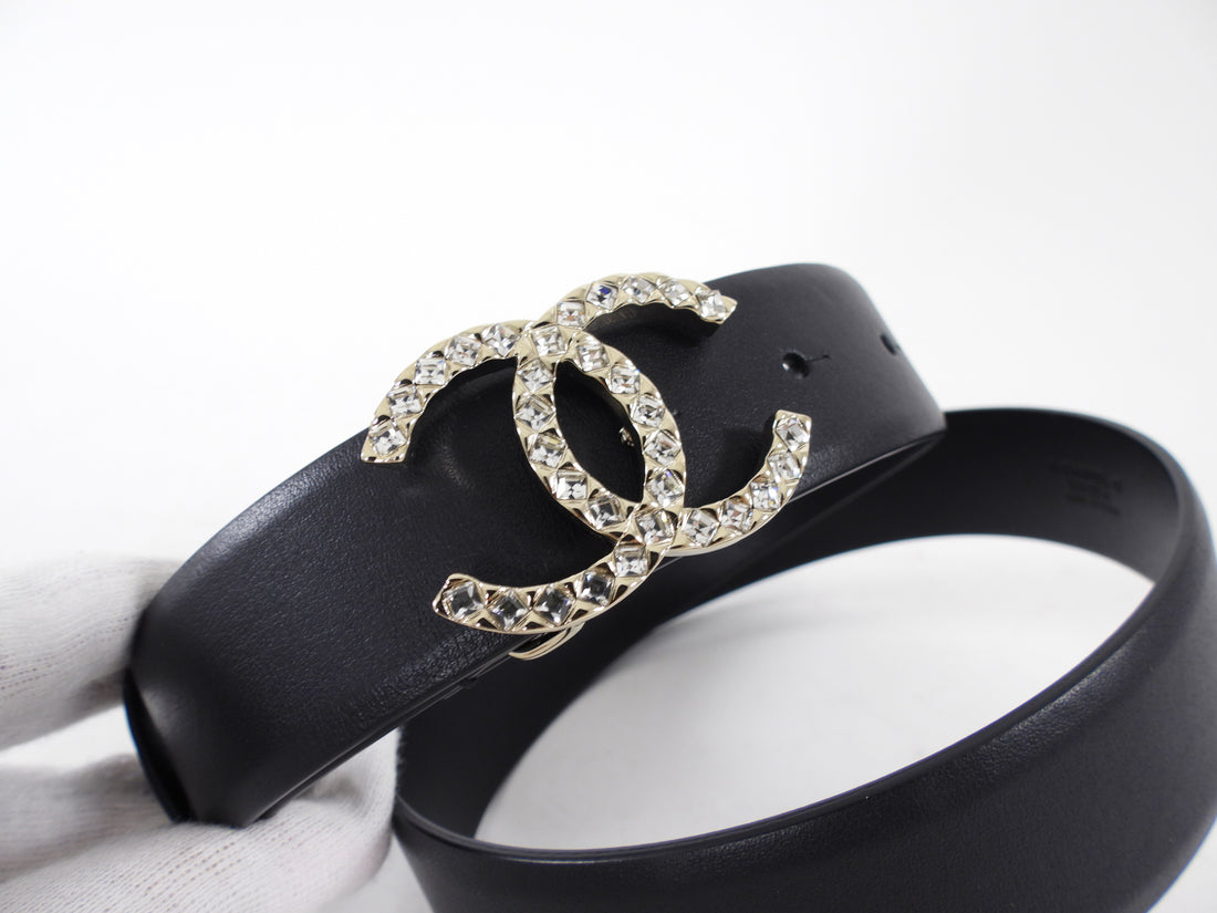 Chanel 20A Black Leather Light Goldtone Crystal CC Belt - 29-31"