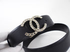 Chanel 20A Black Leather Light Goldtone Crystal CC Belt - 29-31