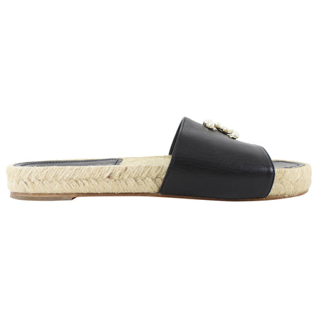Chanel Black Leather CC Flat Espadrille Slides - 37 / 7