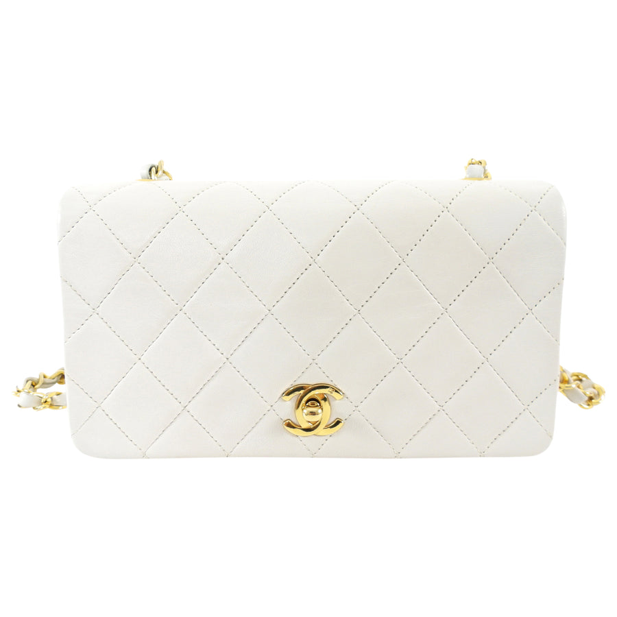 Chanel Vintage 1989 Mini White Lambskin Quilted Full Flap Bag