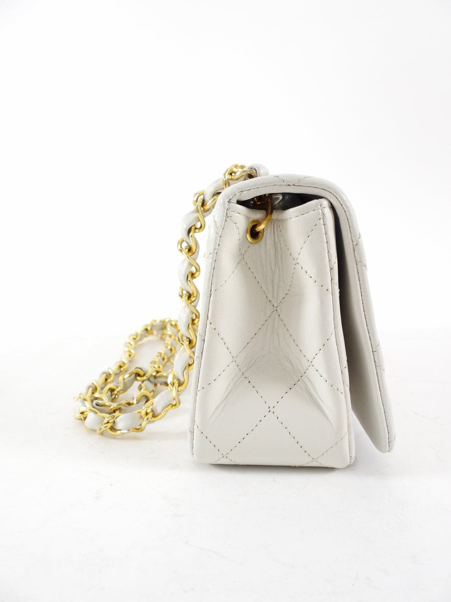 Chanel Vintage 1989 Mini White Lambskin Quilted Full Flap Bag