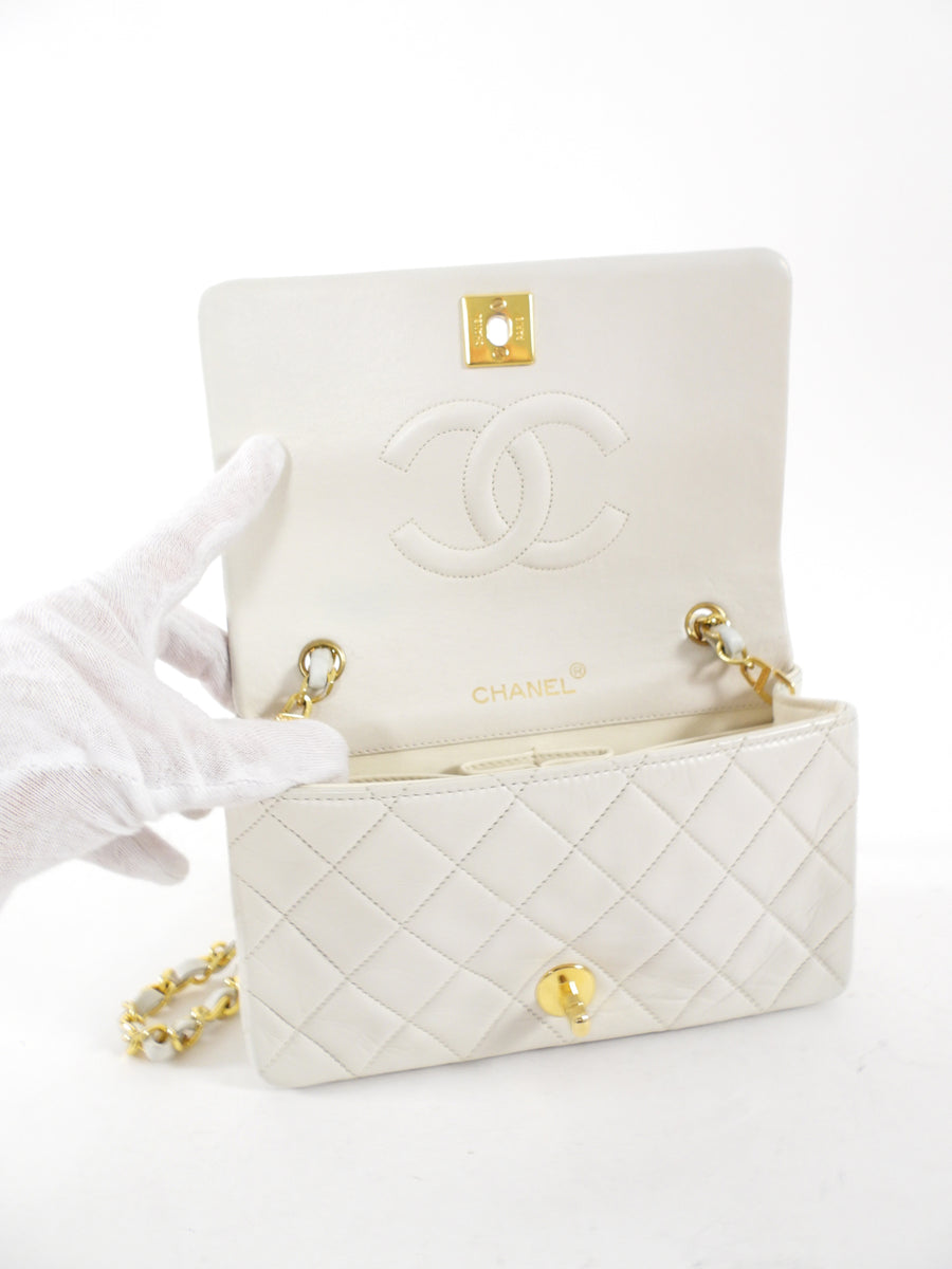 Chanel Vintage 1989 Mini White Lambskin Quilted Full Flap Bag