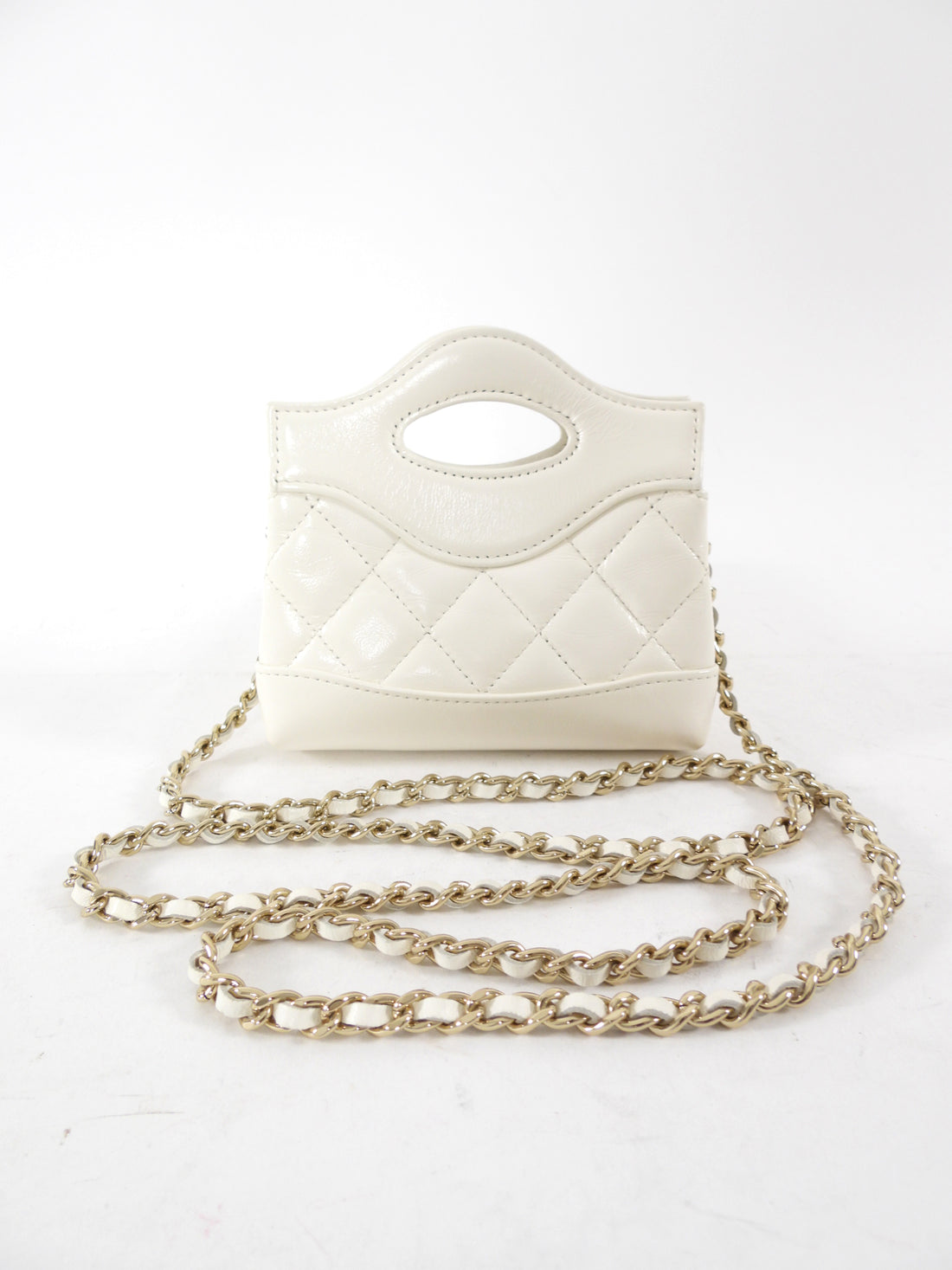 Chanel White Quilted Leather Nano Kelly Shopping Crossbody Chain Bag
