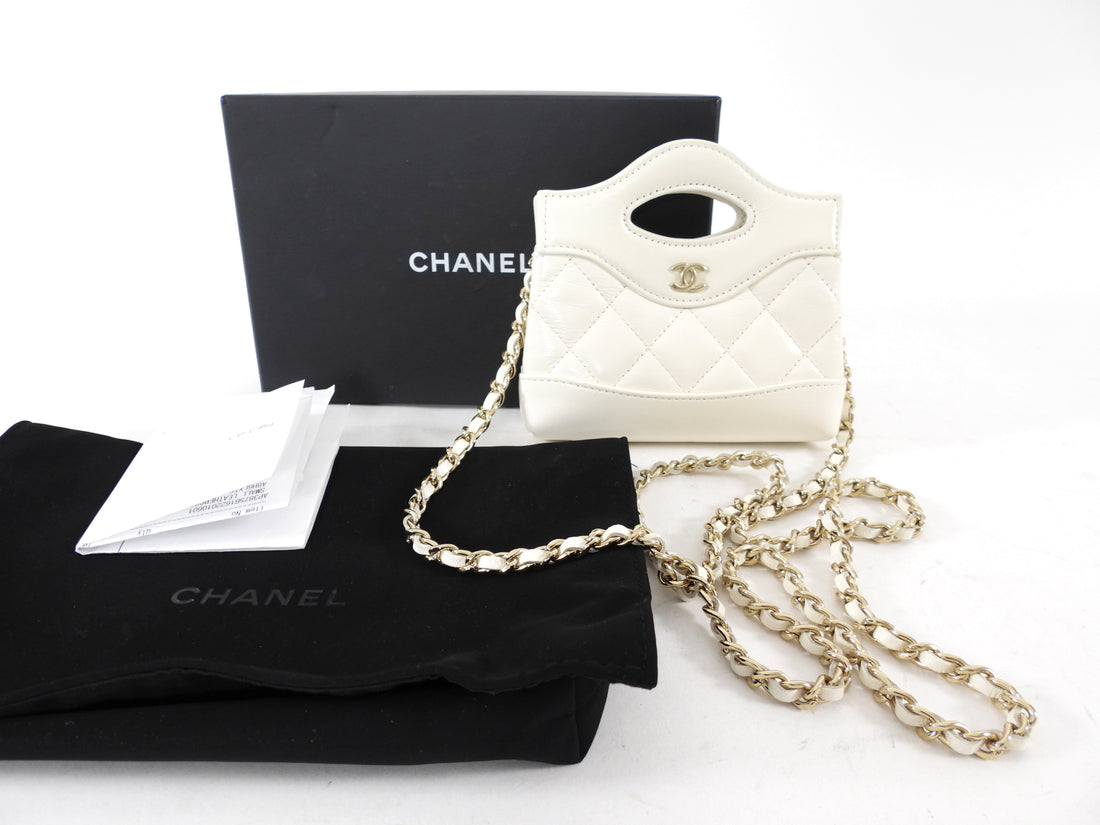 Chanel White Quilted Leather Nano Kelly Shopping Crossbody Chain Bag