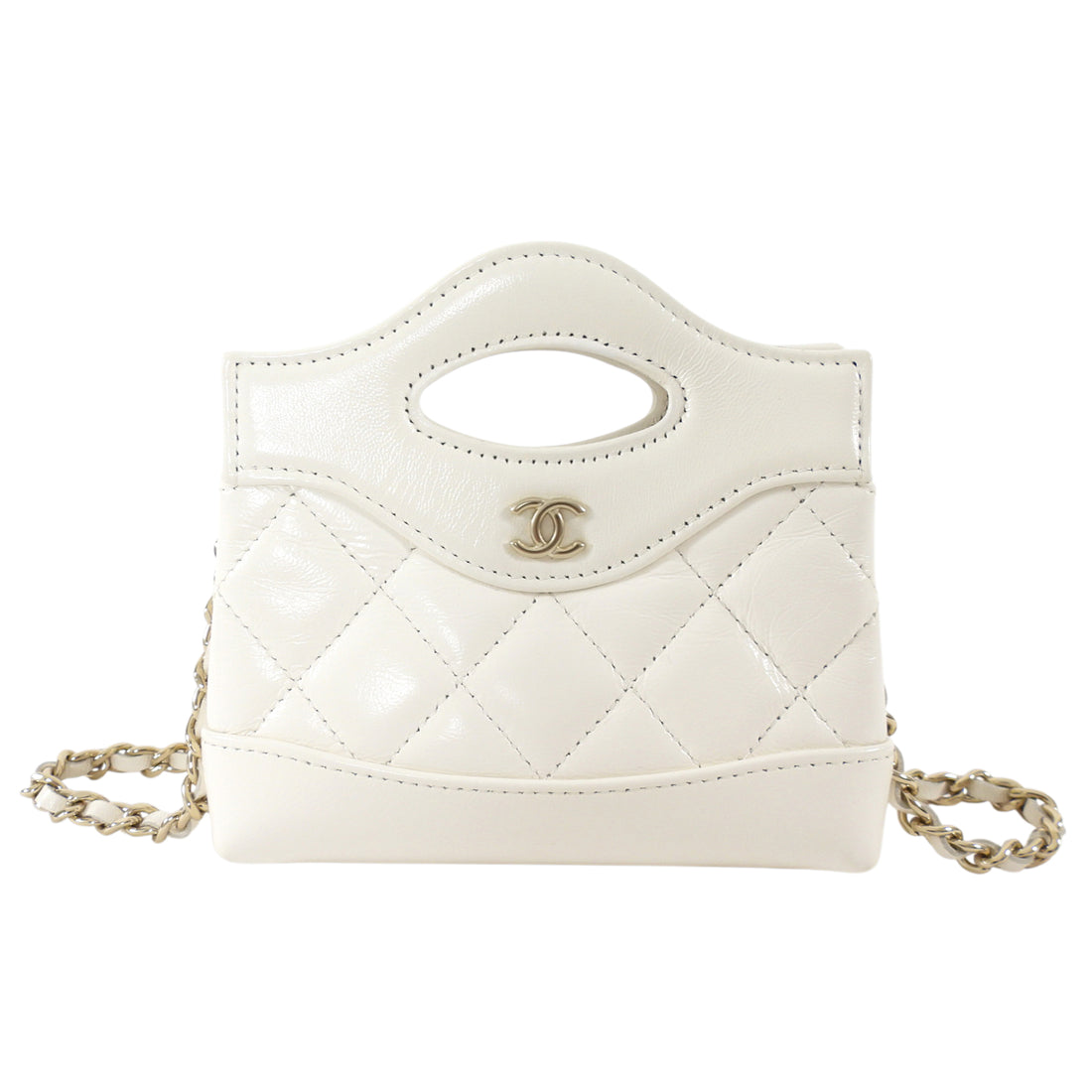 Chanel White Quilted Leather Nano Kelly Shopping Crossbody Chain Bag