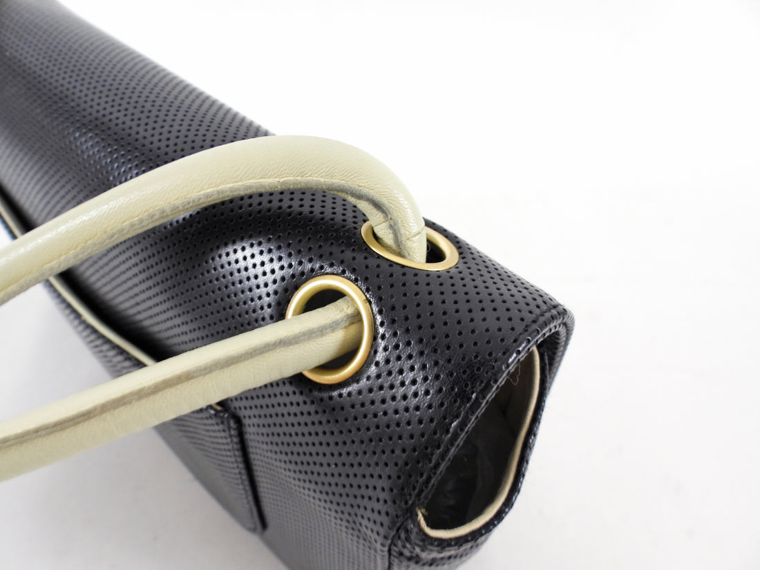 Chanel Vintage Black and Ivory Two Tone Perforated Leather Flap Bag