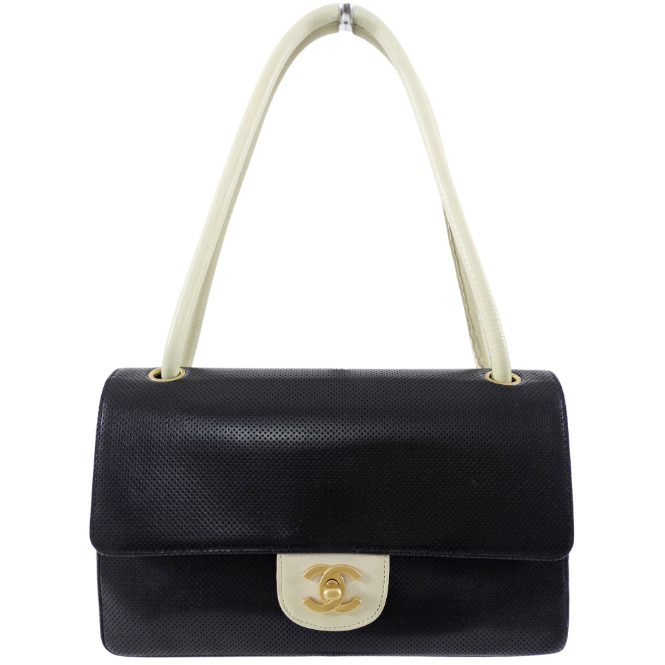 Chanel Vintage Black and Ivory Two Tone Perforated Leather Flap Bag