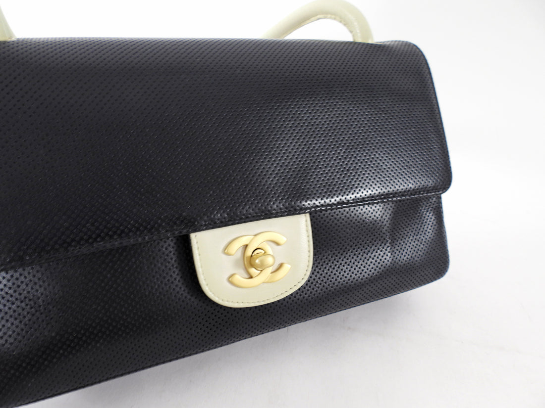 Chanel Vintage Black and Ivory Two Tone Perforated Leather Flap Bag