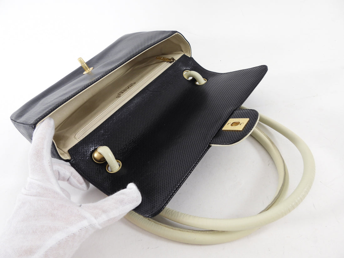 Chanel Vintage Black and Ivory Two Tone Perforated Leather Flap Bag